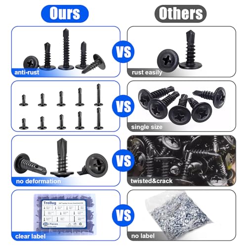 450PCS Self Tapping Screws for Metal, 410 Stainless Steel Self Drilling Screws #8#10 Truss Head Sheet Metal Screws Assortment Kits, Length 1/2"" to 1-1/4'' (Black)