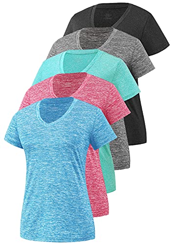 Cosy Pyro Women's Short Sleeve V-Neck Athletic T-Shirt Exercise Yoga Tees Dry Fit Gym Shirts Moisture Wicking Workout Tops Pack of 5 Black/Gray/Azure/Rose/Blue S