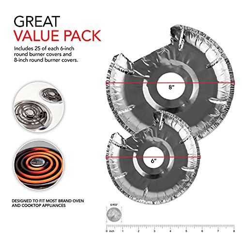 Round Electric Stove Burner Covers (50 Pack) 6 Inch and 8 Inch Disposable Stove Top Aluminum Foil Bib Liners, to Keep Kitchen Range Clean from Oil and Food Drips, Stock Your Home