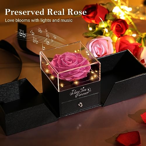 Emibele Preserved Real Pink Rose with S925 Sterling Silver Necklace, Eternal Rose with I Love You Necklace in 100 Languages Music Box with Lights Romantic Gifts for Mom Grandma Wife Girlfriend Her