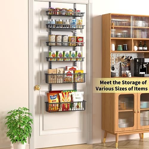 Moforoco 6-Tier Over The Door Pantry Organizer, Pantry Organization and Storage, Black Hanging Basket Wall Spice Rack Seasoning Shelves, Home & Kitchen Laundry Room Bathroom Essentials accessories