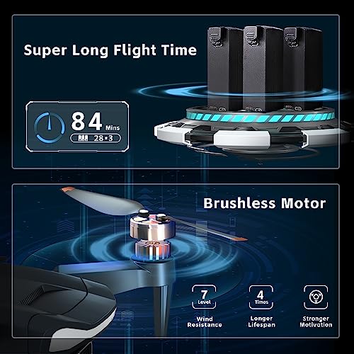 Super Enduring Brushless Motor Drone with 84 Mins Super Long Flight Time, Drone with 2K HD Camera for Beginners, CHUBORY A77 WiFi FPV Quadcopter, Follow Me, Auto Hover, Carrying Case, 3 Batteries