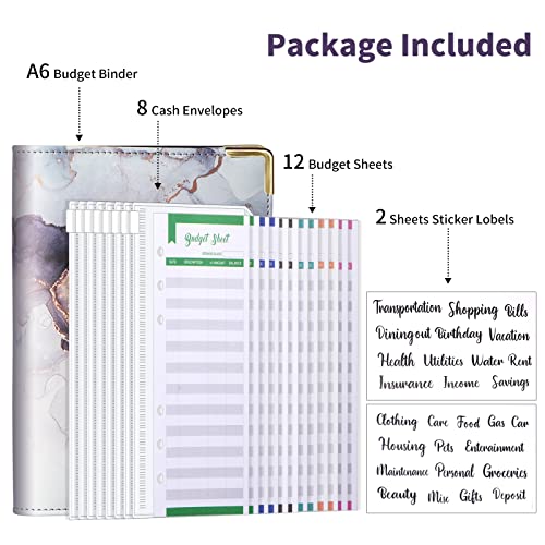 Budget Binder, A6 Marble PU Leather Binder, Money Organizer Cash Envelopes Budget Planner with 8 Zipper Cash Envelopes, 12 Expense Budget Sheets & 2 Letter Label Sticker for Budgeting, Saving Money