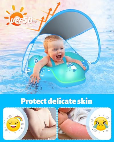 LAYCOL Baby Swimming Float Inflatable Baby Pool Float Ring Newest with Sun Protection Canopy,add Tail no flip Over for Age of 3-36 Months