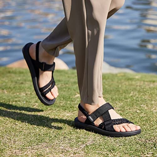 MEGNYA Ladies Supportive Walking Dressy Sandals, Cushion Rubber Insole Sandals for Outdoor Adventure, Comfortable Flip Flop Water Sandals with Cute Hook and Loop Straps Black Grey Size 6