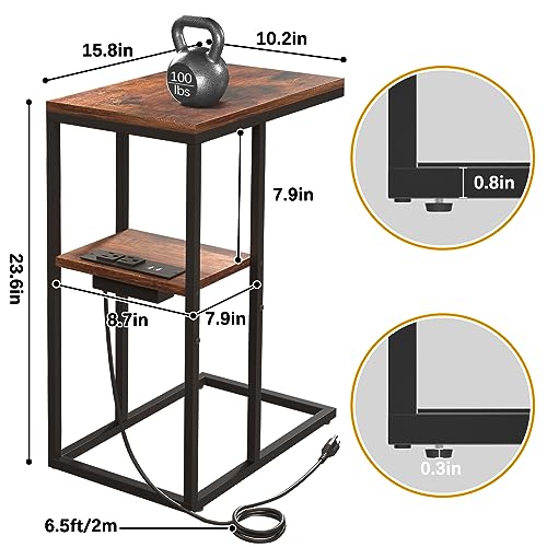 Yoobure C Shaped End Table with Charging Station, Small Side Tables for Living Room, Bedroom, Sofa Table with USB Ports and Outlets for Small Spaces C Couch Table Rustic Snack Table Bed Side Table