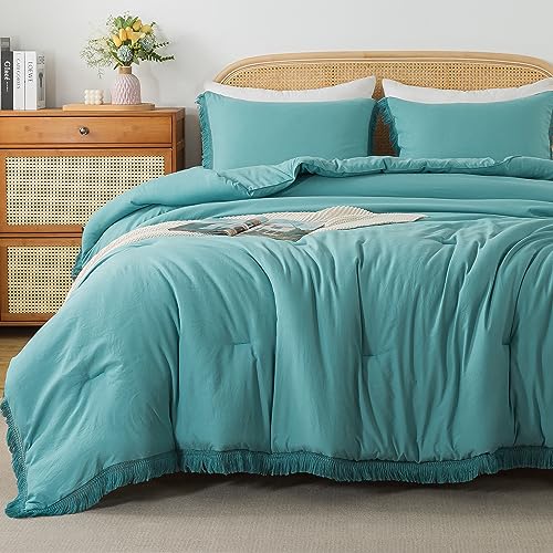 Andency Yellow Tassel Comforter Set Full(79x90Inch), 3 Pieces(1 Boho Comforter, 2 Pillowcases) Farmhouse Shabby Chic Comforter Set, Soft Microfiber Lightweight Fringe Bedding Comforter Set