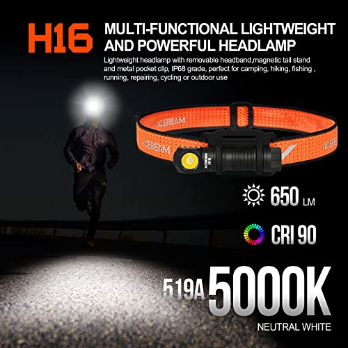 ACEBEAM H16 1000 High Lumens Rechargeable Led Headlamp, EDC AA Right Angle Flashlight, Pocket Mini Small Flashlight with Clip for Camping, Running, with Headband kit(Cool White 6500K)