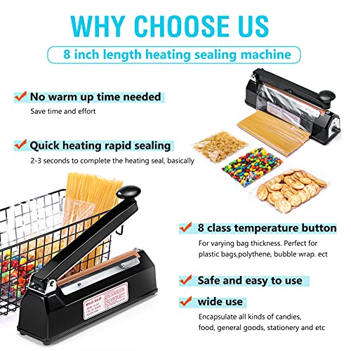 METRONIC 8 inch Bag Sealer, Black Impulse Heat Sealer for Plastic Bags, Poly Bag Sealing Machine with Repair Kit. Clean, Crisp and Fast Sealing Machine