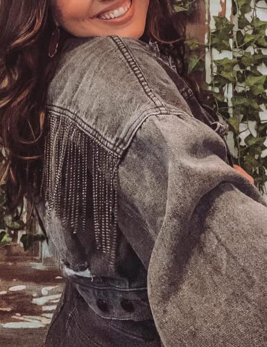 Joiemont Womens Denim Jacket with Fringe Rhinestones Long Sleeve Distressed Ripped Denim Jackets with Pockets(0025-Black-S)