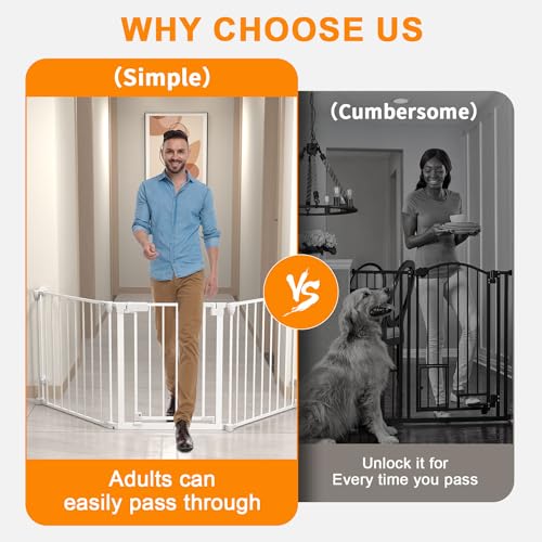 25.6" Tall Baby Gate,80" Extra Wide Baby Gate Easy to Pass,Auto Close Dog Gate with Door Walk Through, Pet for House Stairs Doorways Fireplace, 3 Metal Panels, Hardware Mounted Baby Fence(White)
