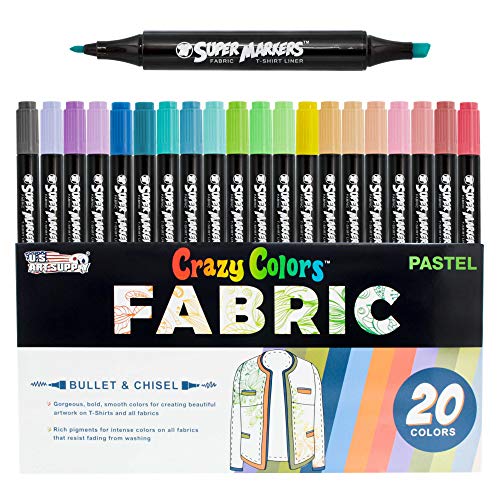 Super Markers 20 Unique Pastel Colors Dual Tip Fabric & T-Shirt Marker Set - Double-Ended Fabric Markers with Chisel Point and Fine Point Tips - 20 Permanent Ink Vibrant and Bold Colors