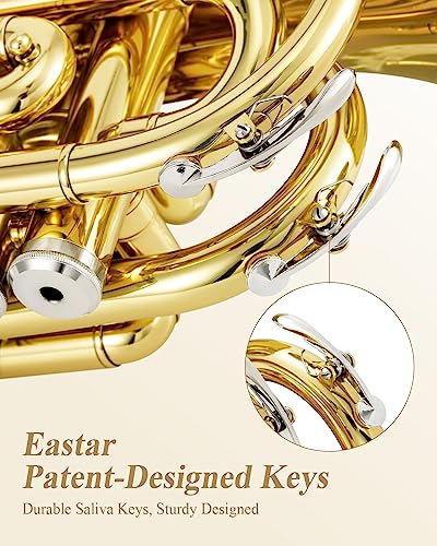 Eastar Pocket Trumpet B Flat Brass Bb Pocket Trumpet with Mouthpiece 7C, Cleaning Cloth, Hard Case, Gloves, Full Kit, Gold Lacquer, ETR-330