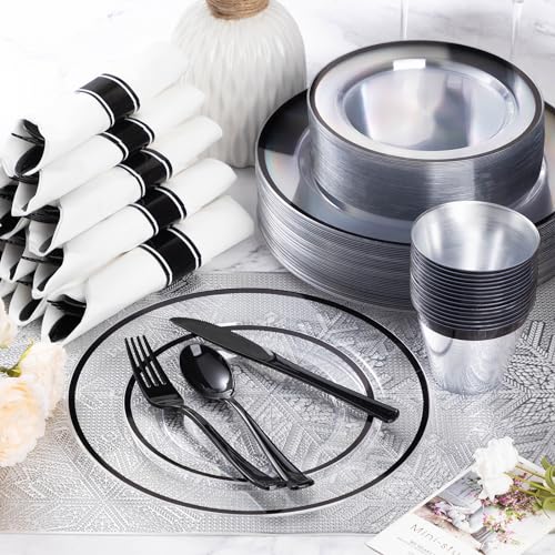 Goodluck 175 Piece Black Plastic Dinnerware Set for Party, Clear Disposable Plates for 25 Guests, Include: 25 Dinner Plastic Plates, 25 Dessert Plates, 25 Pre Rolled Napkins with Cutlery Set, 25 Cups