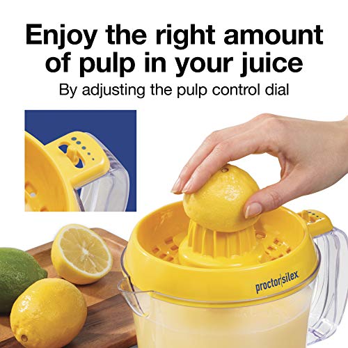 Proctor Silex Alex's Lemonade Stand Electric Citrus Juicer Machine and Squeezer, for Lemons, Limes and Oranges, 34 oz, Includes 2 Reamers & Recipe Book, Yellow, Discontinued