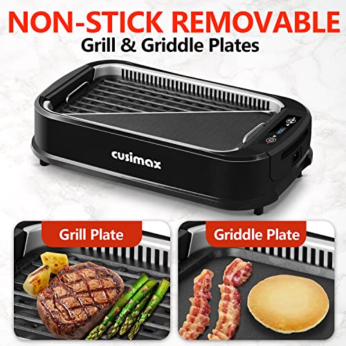 CUSIMAX Indoor Grill, Electric Smokeless Grill, 1500W Korean BBQ Grill, Electric Grill Griddle with LED Smart Display & Tempered Glass Lid, Non-stick Removable Grill Plate & Griddle Plate, Black