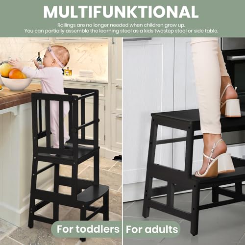 COSYLAND Kids Kitchen Step Stool Helper Baby and Toddler Multi-Function Step up Nursery Helper Stand with Safety Rail in Natural Bamboo, Strong and Lightweight (Black)