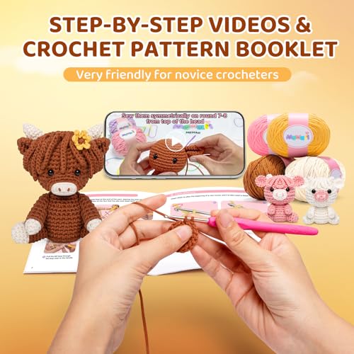 Mewaii Crochet Kit for Beginners, Crochet Starter Kit with Step-by-Step Video Tutorials, Crochet Complete Kit with 40%+ Pre-Started Yarn Content, Crochet Gifts for Adults Kids (3 Packs Highland Cow)