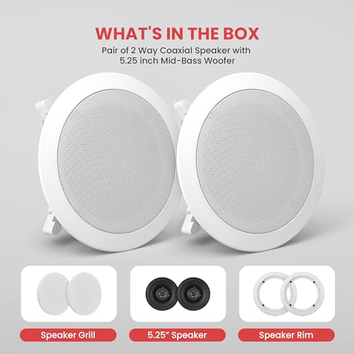Pyle Home 5.25” Ceiling Wall Mount Speakers - Pair of 2-Way Midbass Woofer Speaker 1'' Polymer Dome Tweeter Flush Design w/ 80Hz - 20kHz Frequency Response & 150 Watts Peak Easy Installation-PDIC51RD