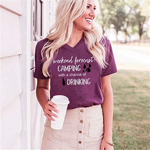 Weekend Forecast Camping Shirts Women Happy Camping Tshirt Funny Letter Graphic Print Tee Shirts V Neck Casual Top Blouse (As Shown,S)