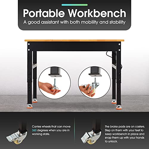 Antifir 48" Adjustable Workbench,Heavy Duty Workstation with Rubber Wood Top, 2000 LBS Load Capacity Hardwood Garage Workbench for Garage,Office,Workshop,Home, Easy Assembly