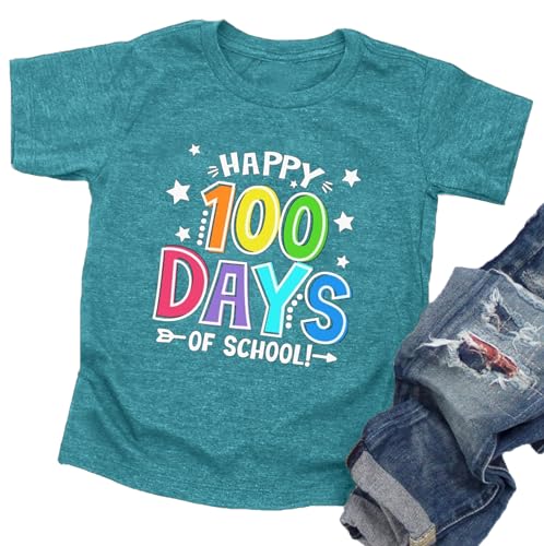 Toddler Happy 100 Days of School Shirt Cute Boys Girls Kindergarten Shirts 100th Day of School Celebration Gifts Tops Cyan