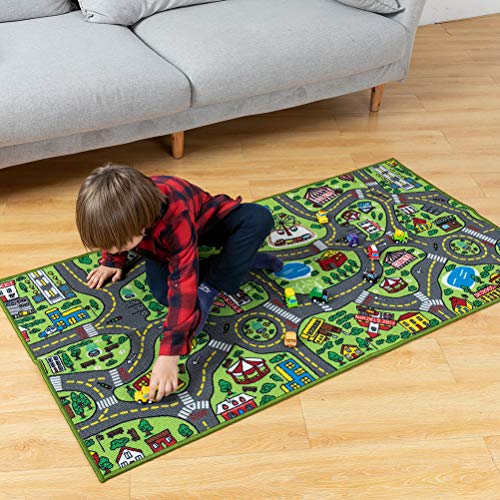 JOYIN Carpet Playmat w/ 12 Cars Pull-Back Vehicle Set for Kids Age 3+, Jumbo Play Room Rug, City Pretend Play