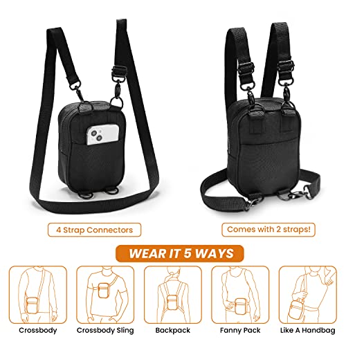 Vibe Festival Gear Small Crossbody Sling Bag for Women Men 5in1 Multi-Use from (rPET) Recycled Polyester Belt Bag Cross Body Backpack Fanny Pack Purse - Black