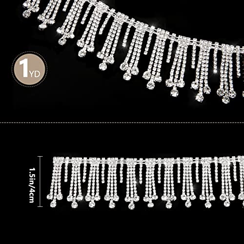 AWAYTR 1 Yard Rhinestone Fringe Trim - Crystal Rhinestone Tassel Chain for Jeans Clothing and DIY Crafts (Drop Tassel Chain,Sliver)