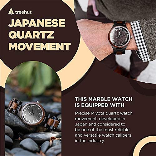 Treehut Wooden Watches for Men, Great Japanese Quartz Analog, Stylish Exotic Watch with Adjustable Stainless Steel Clasp, Buckle, Made from Ebon Wood, Relojes Hombre Mujeres