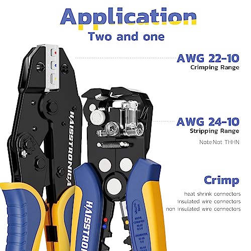 haisstronica Wire Stripper and Crimping Tool,AWG 24-10 Automatic Stripper Tool with AWG 22-10 Ratchet Wire Crimper For Heat Shrink Connectors