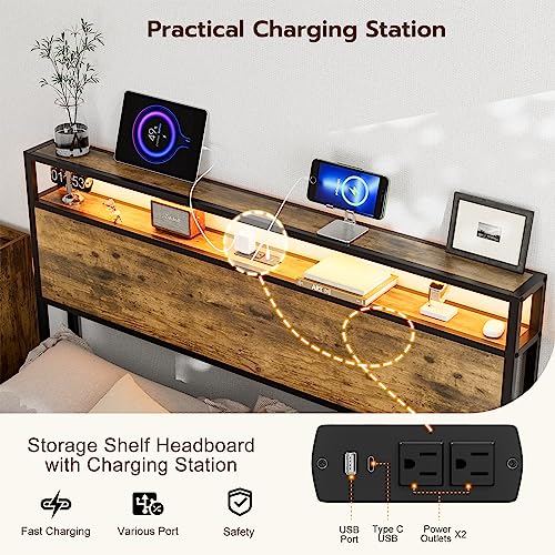 IKIFLY Full Size Storage Headboard with LED Lights & Charging Station - Industrial Metal and Wood Full Headboard Only for Bedroom, Attach Frame, Easy Assembly - Rustic Brown