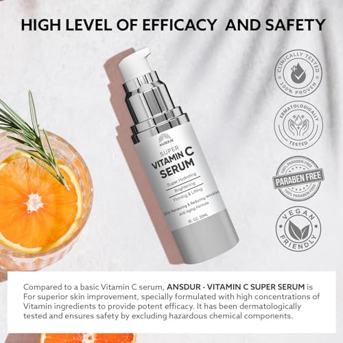 ANSDUR Super Vitamin C Serum for Women over 70: Hyaluronic Acid Serum for Face, Dark Spot Remover and Wrinkle Reduction - Lifting, Smoothing, Moisturizing, All in One Skin Care Formula, 1 fl oz