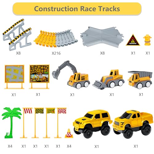 Kids Toys 253 PCS Construction Race Tracks Toy for 3 4 5 6 7 8 Year Old Boys Girls, 5 PCS Construction Truck Car and Flexible Track Play Set Create A Engineering Road Games Toddler Toys Birthday Gifts