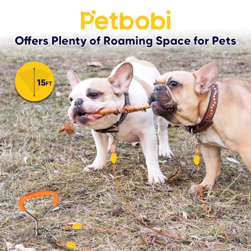 Petbobi Dog Tie Out Cable and Stake 15ft - Outdoor Dog Yard Leash, No Tangle, 16in Ground Stake for Yard, Camping and Beach, Suitable for Small Medium Dogs Up to 20lbs, Orange