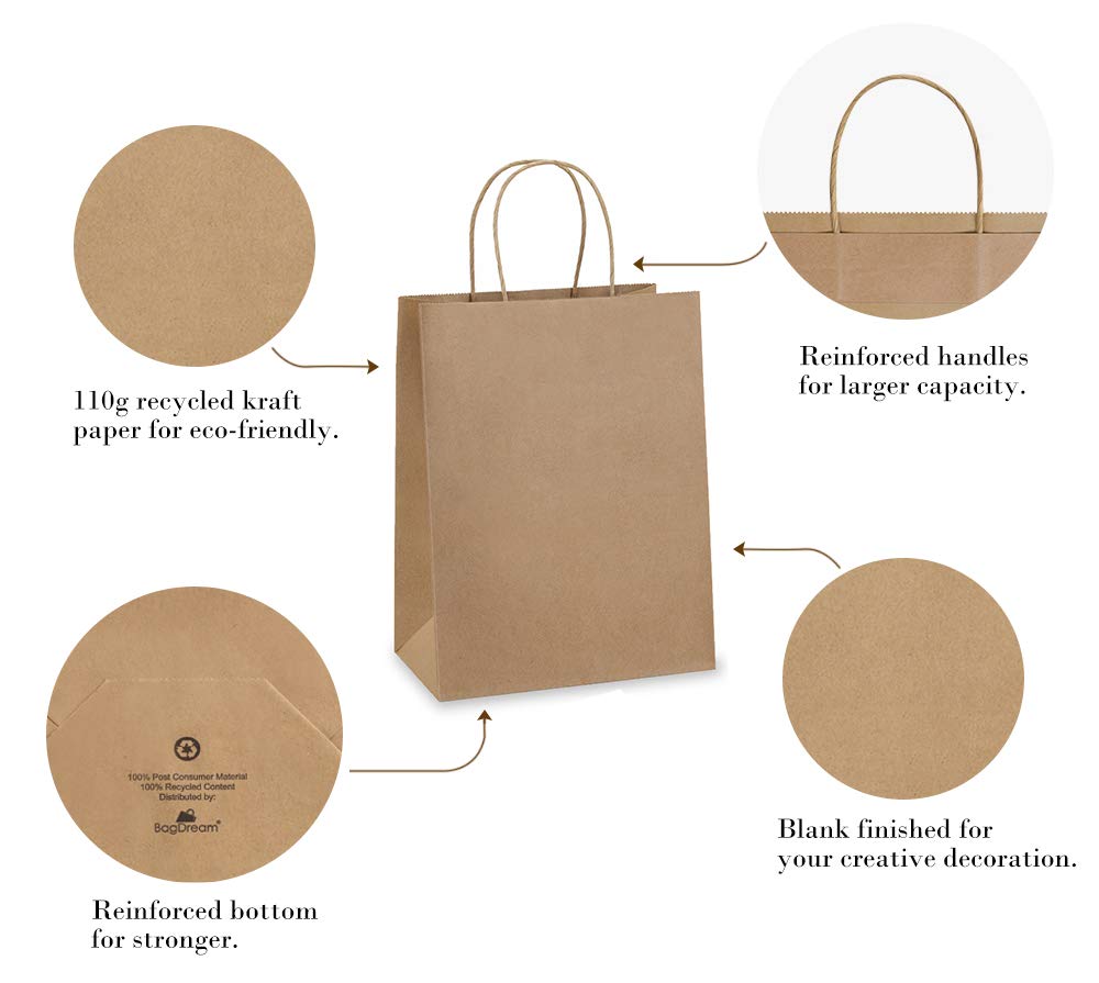 BagDream Gift Bags 8x4.25x10.5 100Pcs Paper Gift Bags Medium Size Brown Paper Bags with Handles Bulk Wedding Party Favor Bags, Kraft Grocery Shopping Bags, Retail Merchandise Bags Gift Sacks