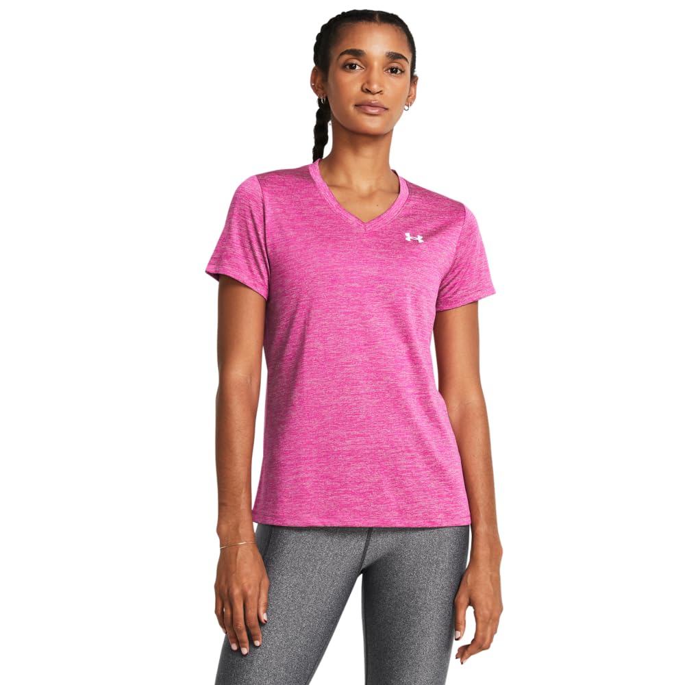 Under Armour Womens Tech Twist Short Sleeve V Neck, (652) Rebel Pink/Pink Elixir/White, Medium