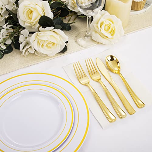 WDF 120 pieces Gold Disposable Plastic Plates - White and Gold Plates Include 10.25" Dinner Plates & 7.5" Salad Plates for Weddings and Party