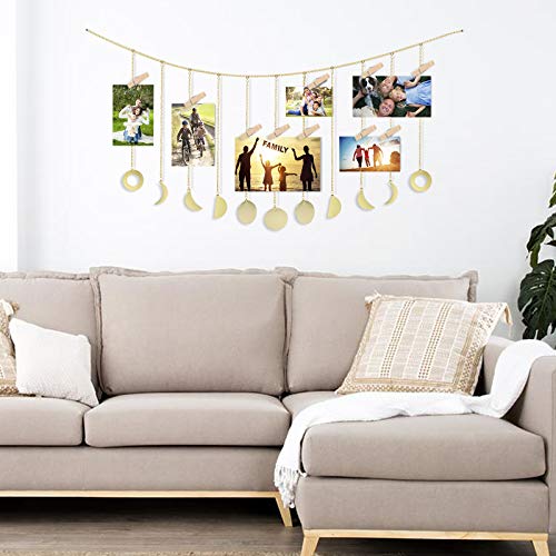 EEEKit Hanging Photo Display, Moon Garland with Chains & 20 Wood Clips, DIY Picture Frames Collage Photo Wall Display for Home Office Xmas Bedroom College Dorm Room Decoration, Ideal Girls Gift, Gold