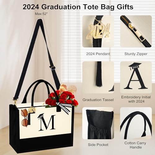 YOOLIFE Graduation Gifts for Her - Personalized Initial Canvas Beath Tote Bag Monogram Graduation Tote Bag Gifts for Girlfriend Her Class of 2024 Grad Graduation Gifts for Women Her Daughter Sister L