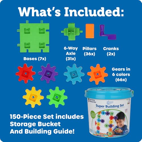 Learning Resources Gears! Gears! Gears! Super Building Toy Set - Building Toys, STEM Activities, Fine Motor Skills, Toddler Engineers Kit, , Construction Bots, Kindergarten Science, Gifts for Kids