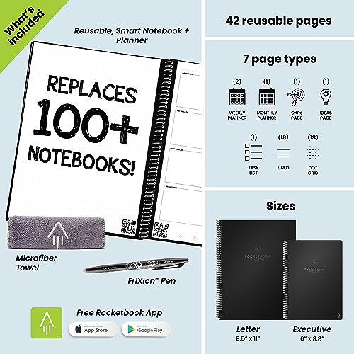 Rocketbook Planner & Notebook, Fusion : Reusable Smart Planner & Notebook | Improve Productivity with Digitally Connected Notebook Planner | Dotted, 8.5" x 11", 42 Pg, Deep Space Gray