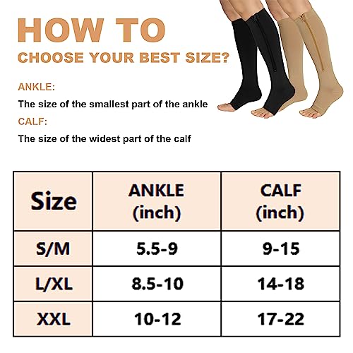 Ktinnead 2 Pairs Zipper Compression Socks for Women, 15-20 mmHg Open Toe Compression Stockings for Women Men, Graduated Knee High Medical Compression Socks for Nurse, Teacher, Pregnant(Black Nude S/M)