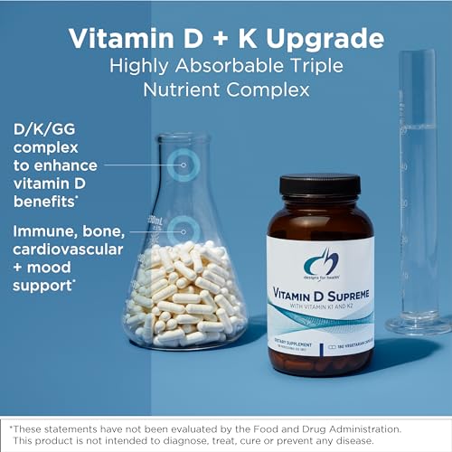 Designs for Health Vitamin D Supreme - Vitamin D 5000 IU with 2000mcg Vitamin K as MK4 for Bone Health, Heart Health & Immune Support - Vitamin D3 Enhanced with GG Supplement (60 Capsules)