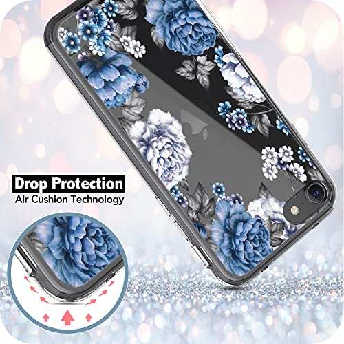 RANZ Compatible with iPhone SE (2022) Case, Anti-Scratch Shockproof Clear Protective Cover Case for iPhone SE (2022) / iPhone SE (2020) / iPhone 8 / iPhone 7 - Blue Roses