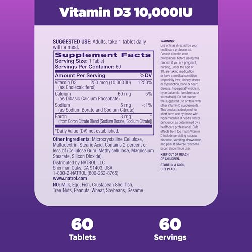 Natrol Vitamin D3 10,000 IU Tablets, Support Your Immune Health, 60 Count