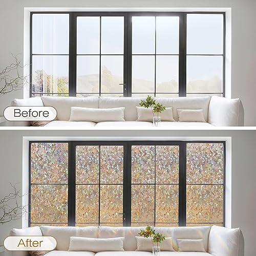 rabbitgoo Window Privacy Film, Rainbow Static Cling Decorative Stained Glass Window Film, Heat Control Window Tinting Film for Home, Grayish Silver, 35.4 x 157.4 inches