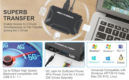 EYOOLD USB 3.0 to SATA IDE Adapter, Hard Drive Reader External Ultra Recovery Converter Compatible with 2.5" 3.5" HDD, SSD,5.25-inch DVD/CD-ROM Optical Drive Data Transfer with Power Supply
