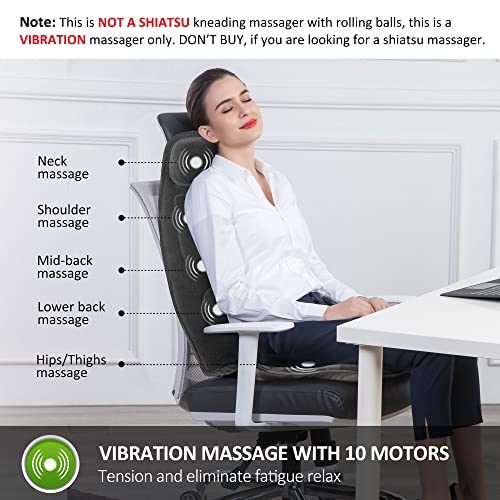 Snailax Massage Cushion with Heat - Memory Foam Neck and Lumbar Support, 10 Vibration Motors for Back and Chair