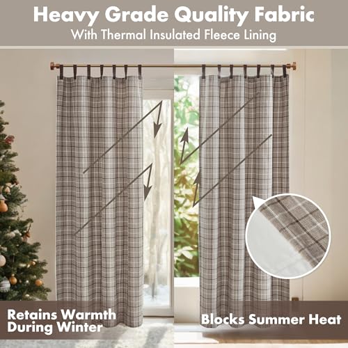 Madison Park Anaheim Cabin Plaid Curtain Window, Thermal Insulated Fleece Lining, Living Room Decor Light Blocking Drape for Bedroom, 1-Single Panel Pack, 50" x 84", Faux Leather Tab, Brown